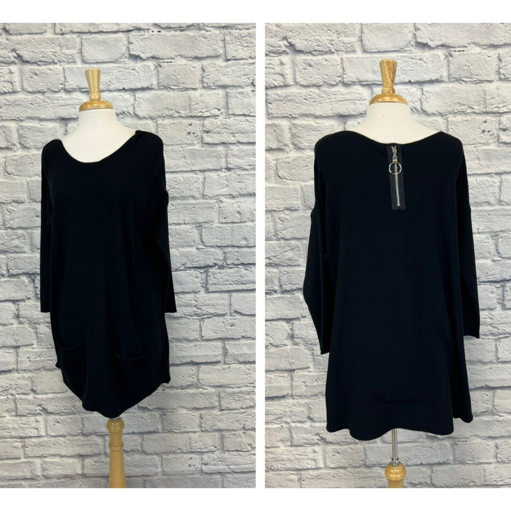 New Angela‎ Mara Italy Oversize Tunic Top Black Scoop Neck Back Zip Pockets SZ S